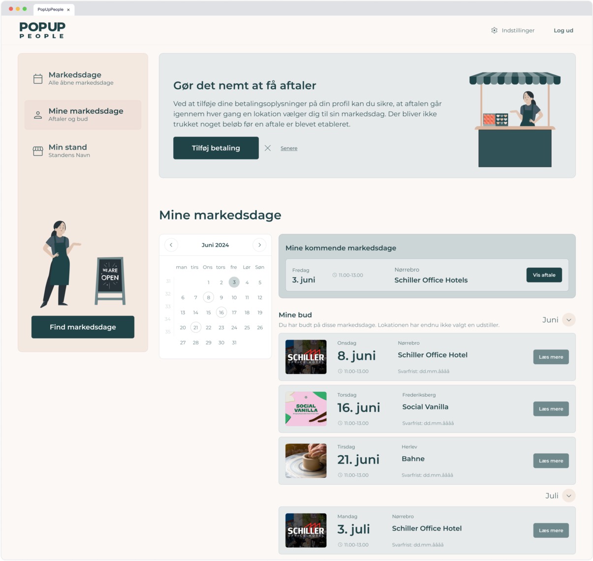 Discovery page showing a grid of upcoming market-day cards with dates, times, venue names, images, and "Læs mere" and "Byd" buttons plus filter dropdowns.